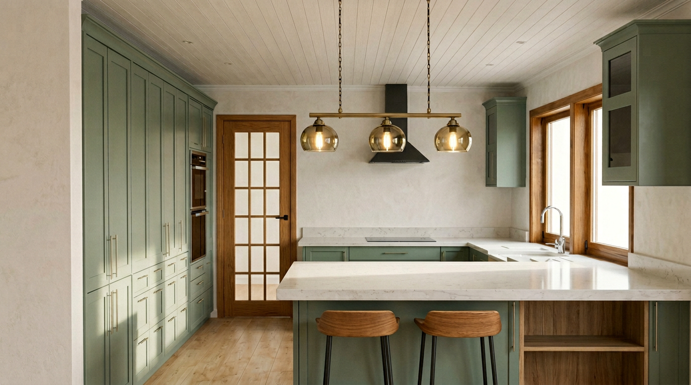 Sage green shaker kitchen renovation with marble worktops - The Chic Relic UK